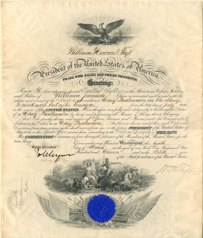 Navy Commission signed by Wm. Howard Taft